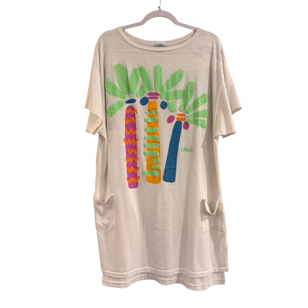 Vintage Single Stitch T-Shirt Dress Kauai Palm Tree Neon Puffy Print Swim Cover